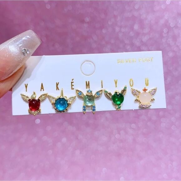 Pokémon Eeveelution Theme 18K Gold Plated Gemstone Mismatch Stud Set - Picture 1 of 5